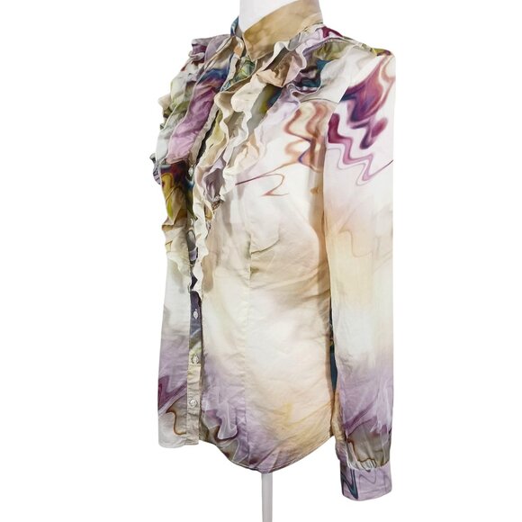 Georg Roth Los Angeles  Med. Cotton Button Down Top Ruffled Artsy Abstract Print - Picture 1 of 16